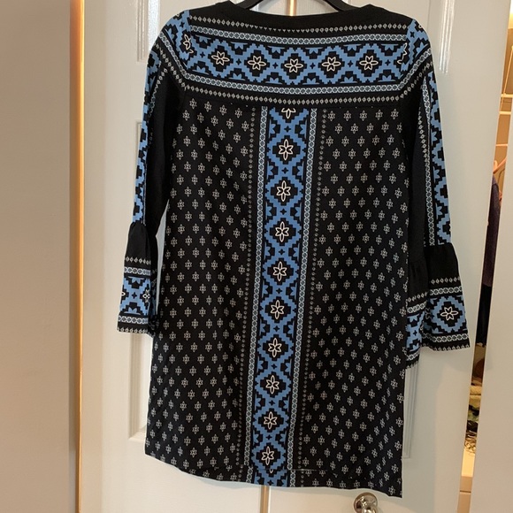 Loft black and blue border print tunic top/mini dress w bell sleeves sz XSP - Picture 5 of 5